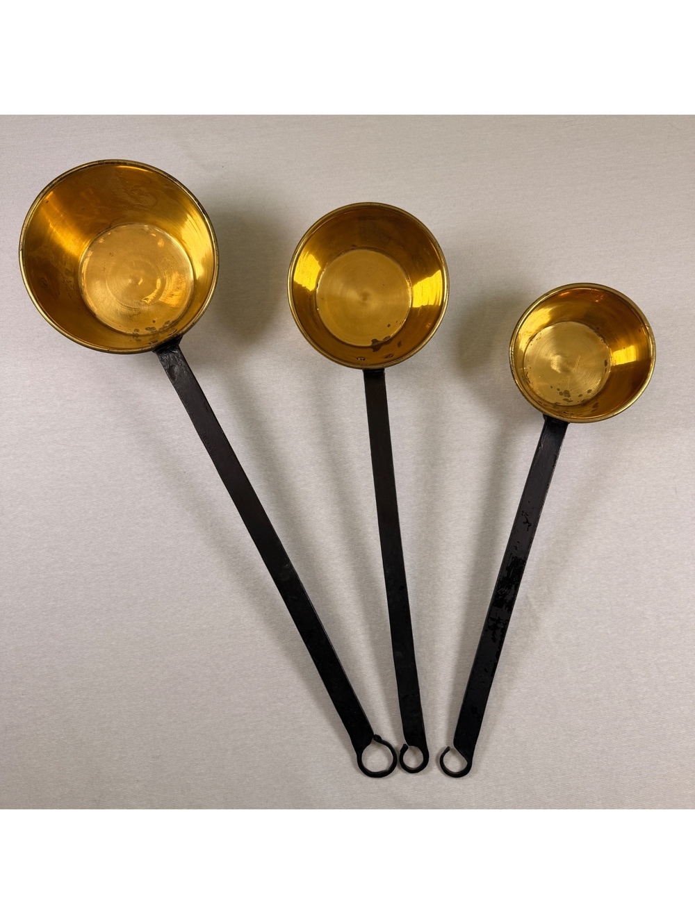 Vintage Brass Ladles Wrought Iron Long Handle Dipping Pots Graduated Set of 3